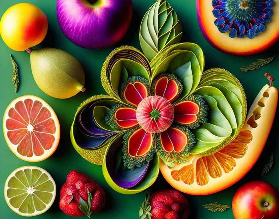 Assorted fruits with spiral patterns and intricate insides