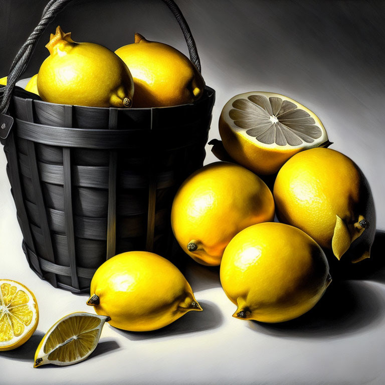 Bright Yellow Lemons in Dark Basket Displayed