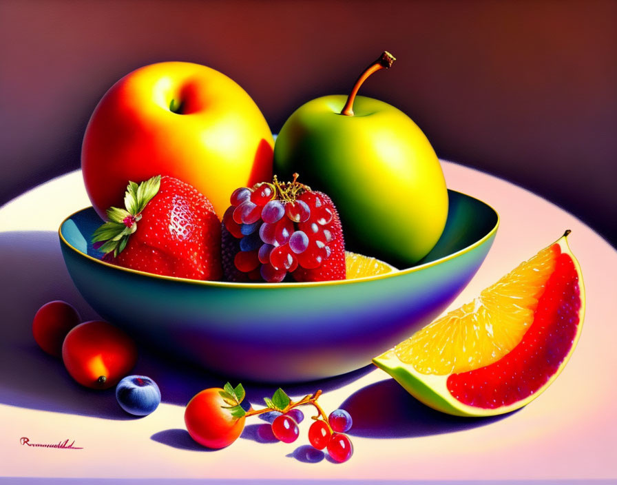 Colorful Fruit Bowl Painting with Apple, Berries, Grapes, Orange, and Cherries