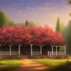 Tranquil house with porch under pink blossoms in golden sunlight