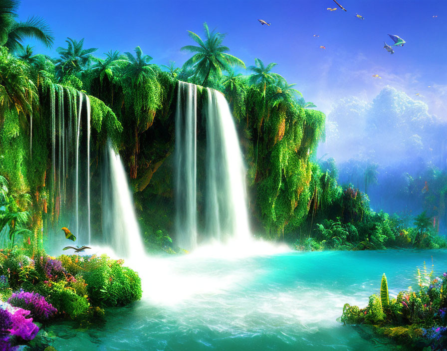 Colorful waterfall scene with lush foliage and birds in bright sky