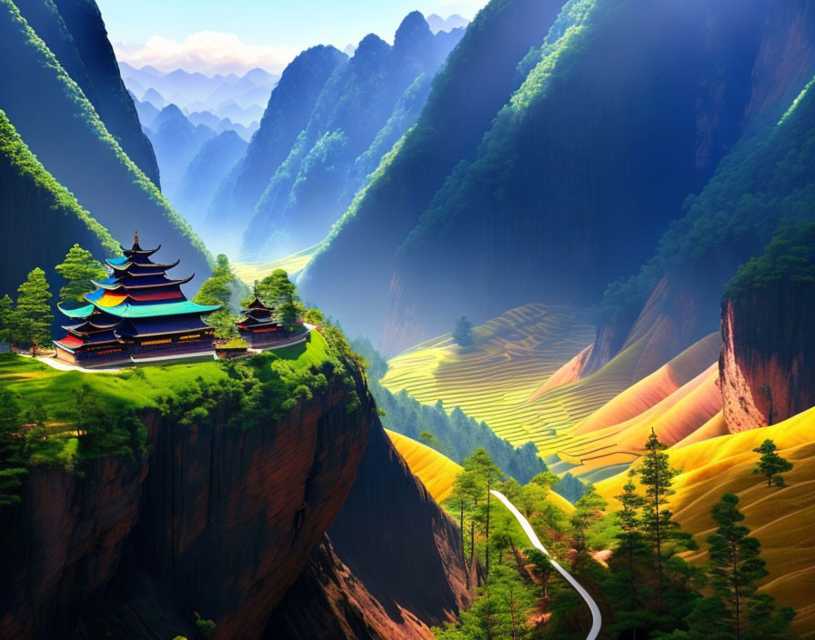 Traditional pagoda in serene landscape with terraced fields, cliffside view.