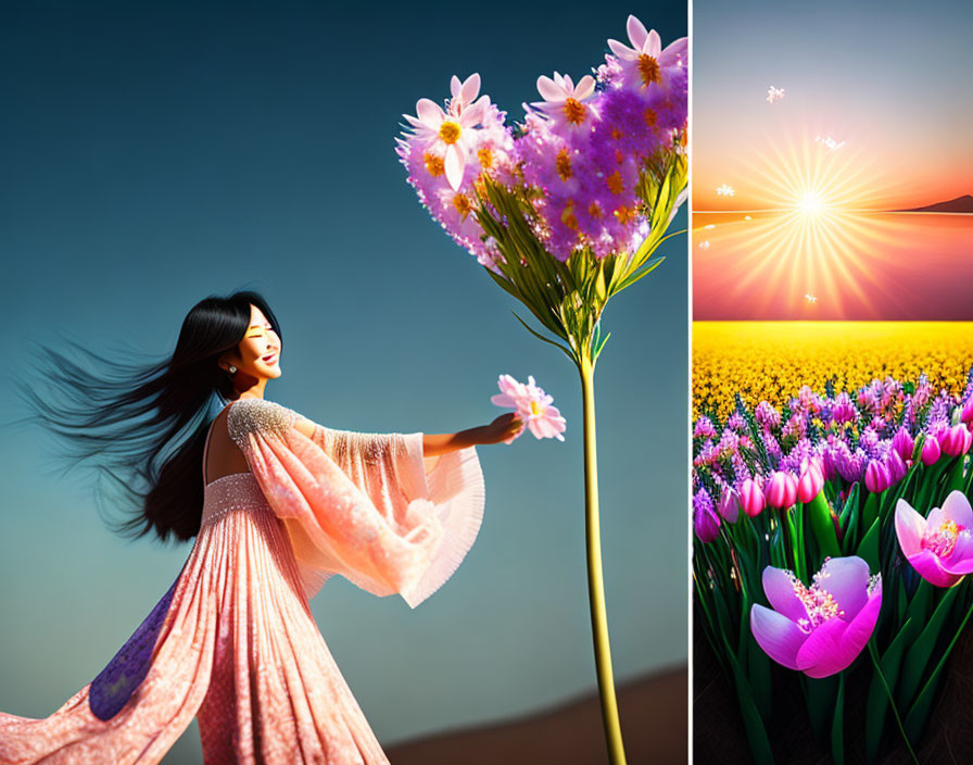 Collage of Woman with Giant Bouquet, Tulip Field, and Sunset