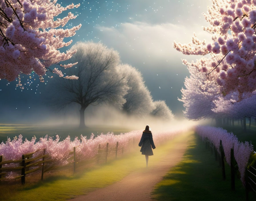 Person walking along cherry blossom trees at dusk