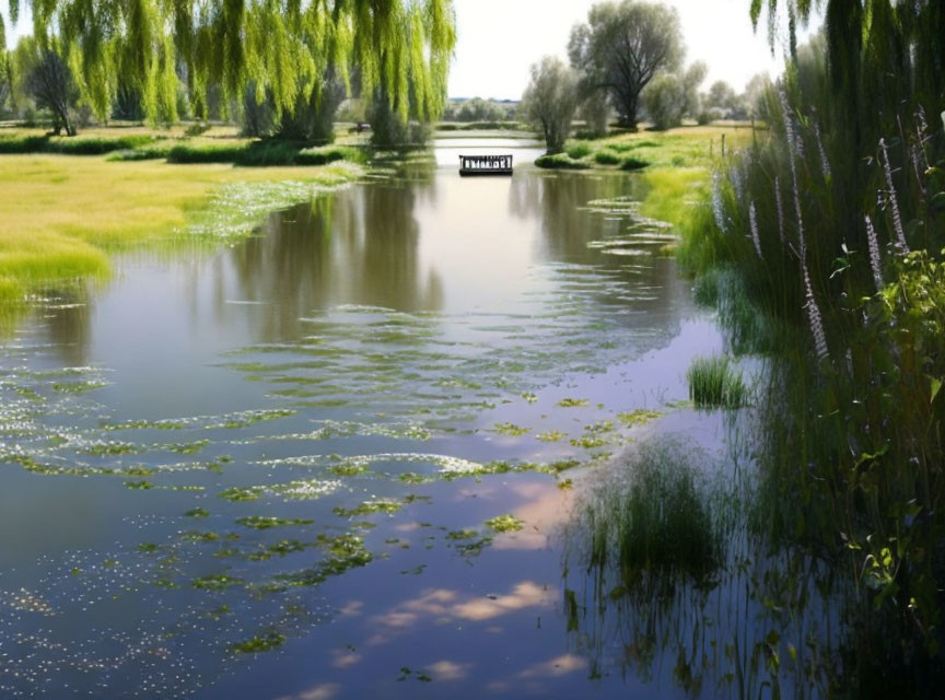 Tranquil lake with lush greenery, willow trees, and signboard reflection