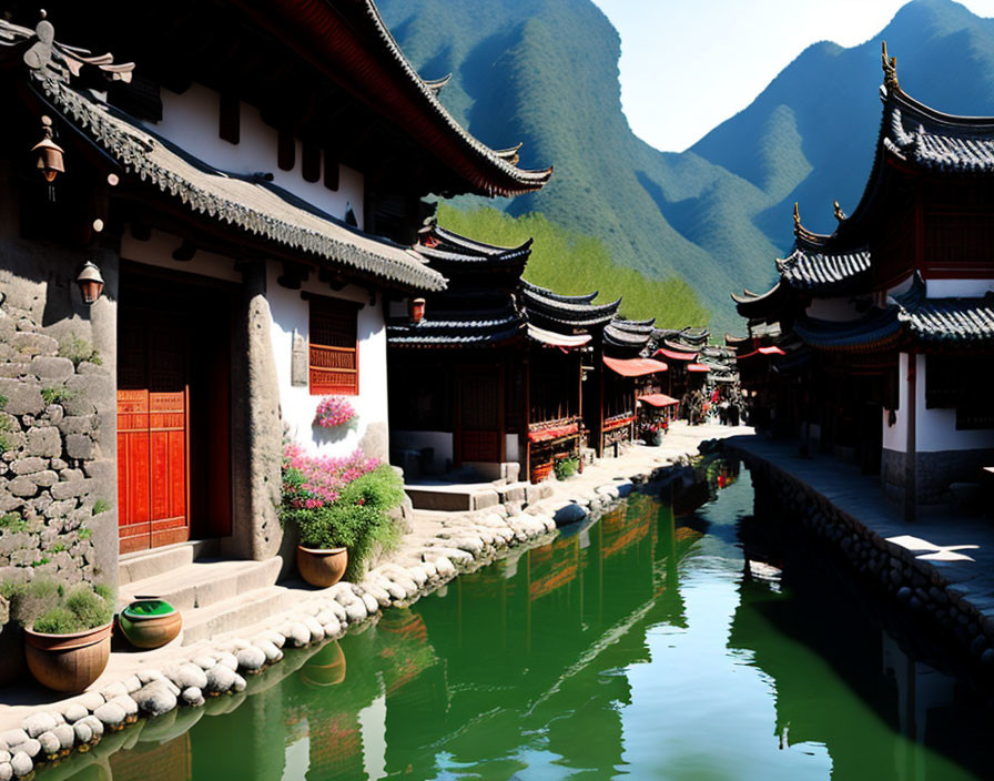 Asian Architecture with Upturned Eaves by Tranquil Canal and Green Mountains