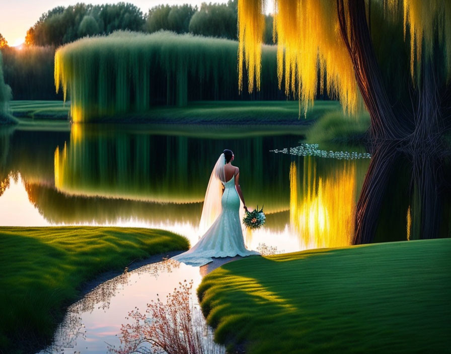 Bride in white gown by serene lake at sunset with weeping willow trees