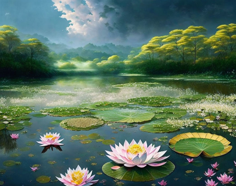 Tranquil river landscape with lotus flowers, lily pads, and yellow flowering trees