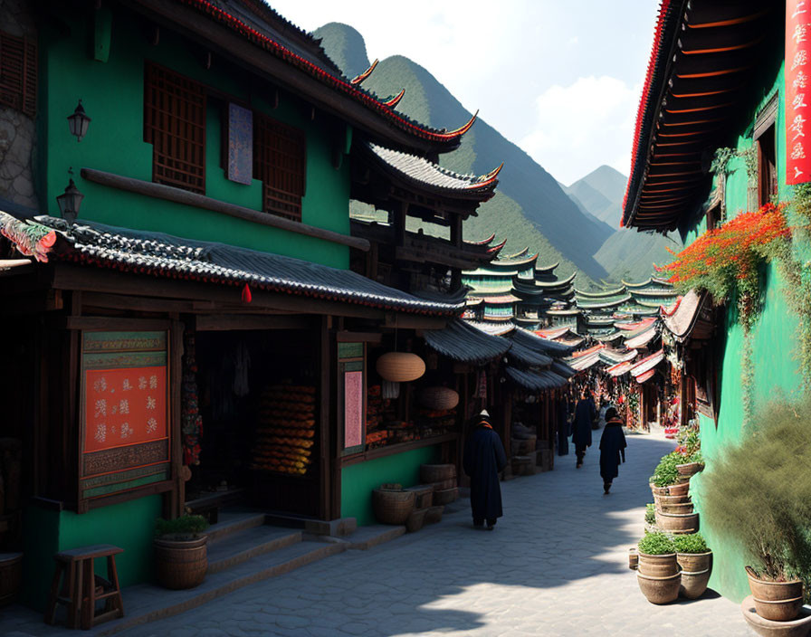 Traditional Chinese Street Scene with Green and Red Buildings and Curved Rooflines