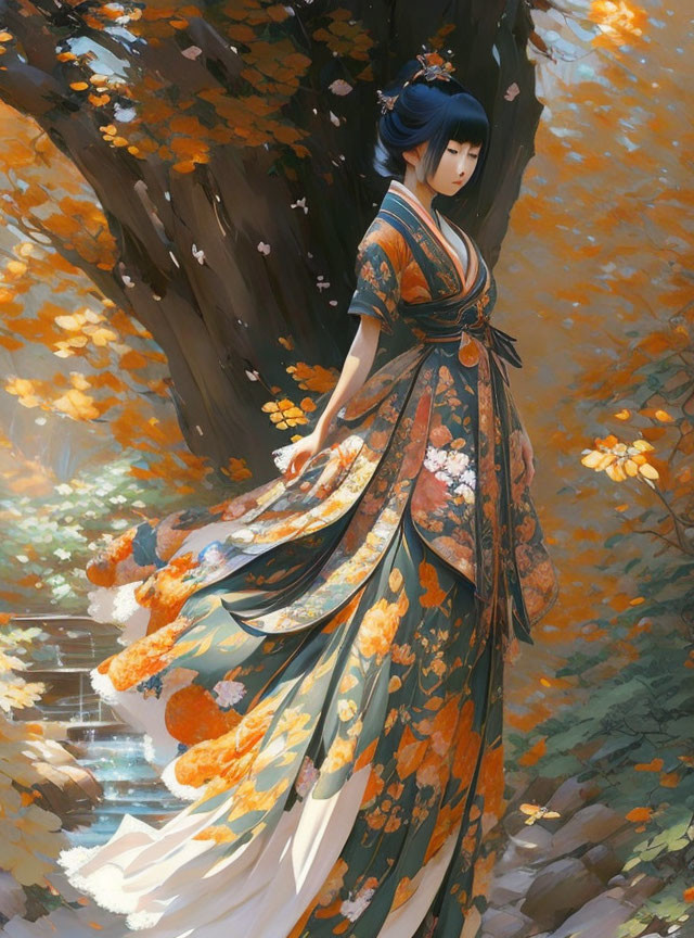 Illustrated woman in decorative kimono amid vibrant autumn foliage.