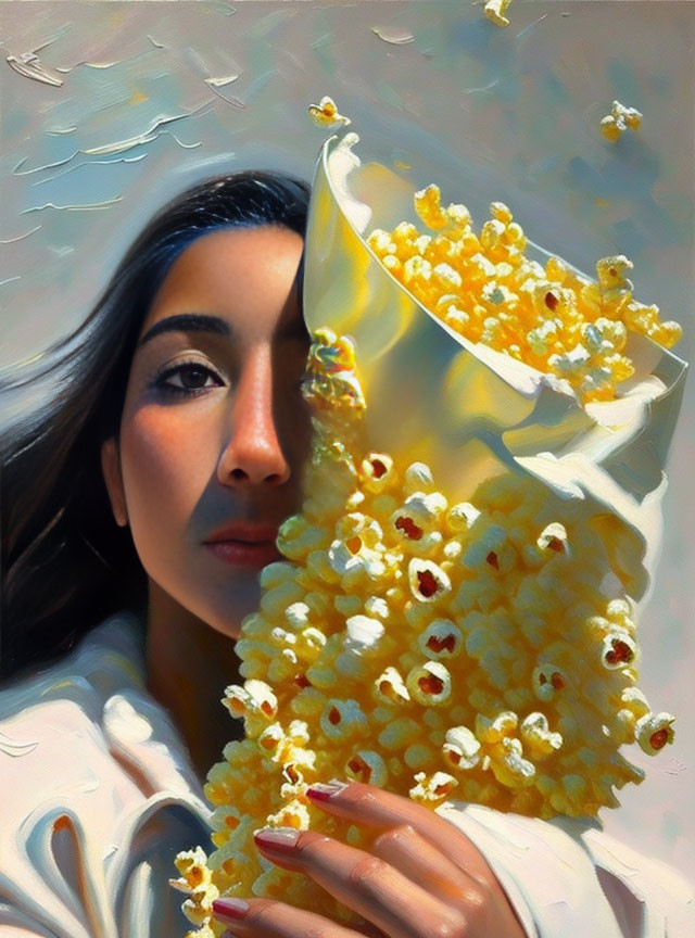 Dark-haired woman with serene expression holding spilled popcorn under clear sky