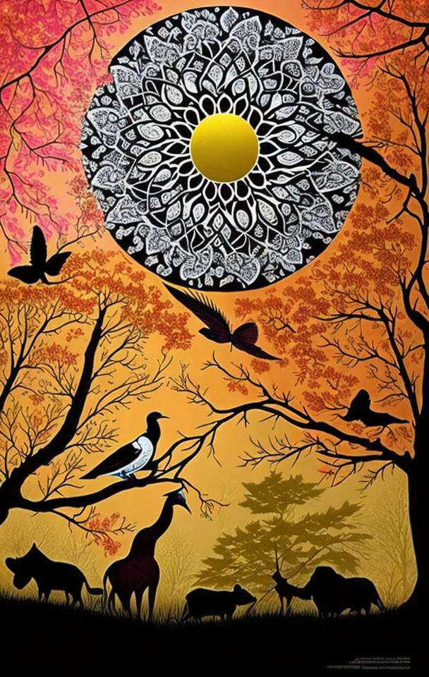 Colorful sunset painting with mandala, wildlife silhouettes, and autumn trees