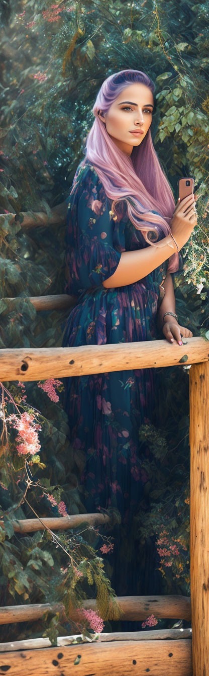 Pink-haired woman with phone by wooden fence in lush greenery.