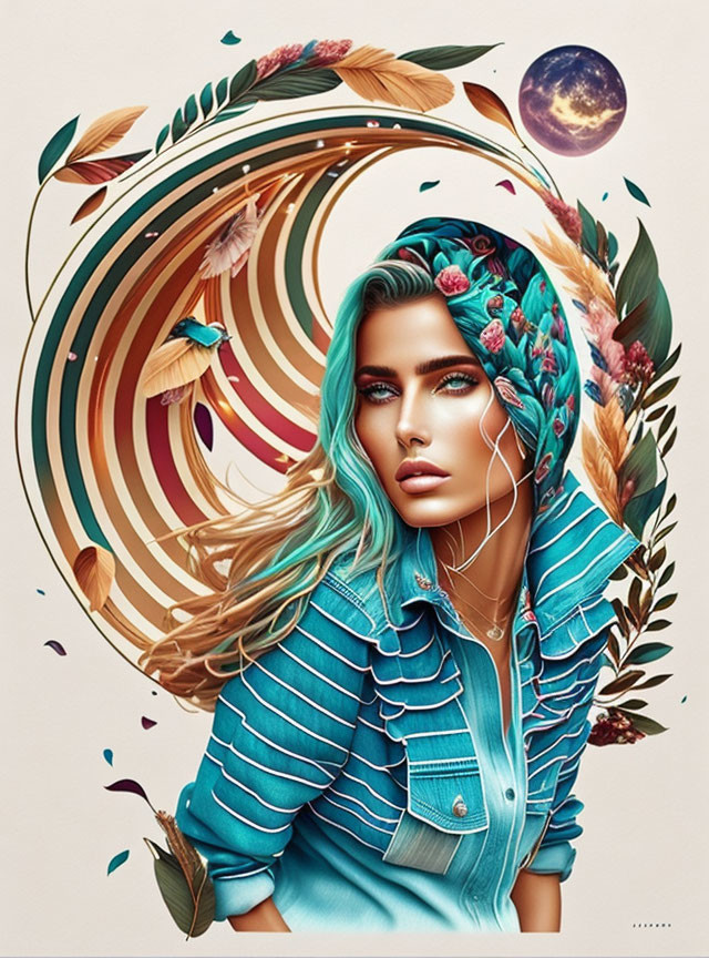 Illustration of woman with turquoise hair and floral headpiece in swirling patterns with moon and leaves.
