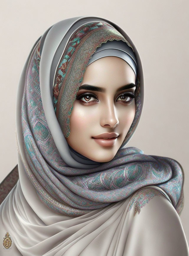 Detailed Digital Portrait of Woman in Patterned Hijab