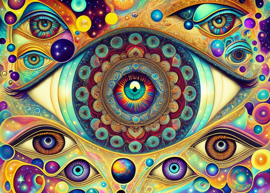 Colorful digital artwork of intricate symmetrical eyes in mandala pattern
