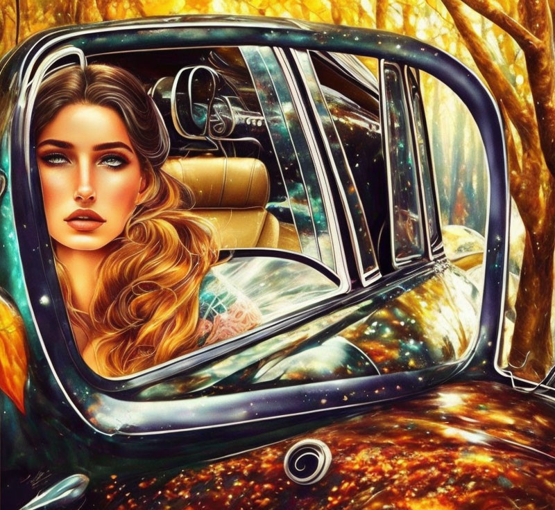 Colorful Woman in Classic Car Surrounded by Autumn Forest