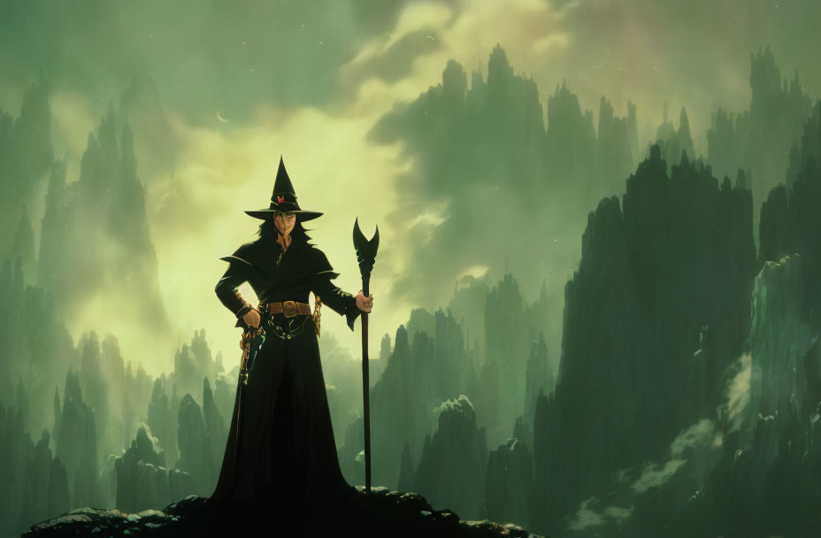 Wizard with staff on peak with shadowy spires against green sky