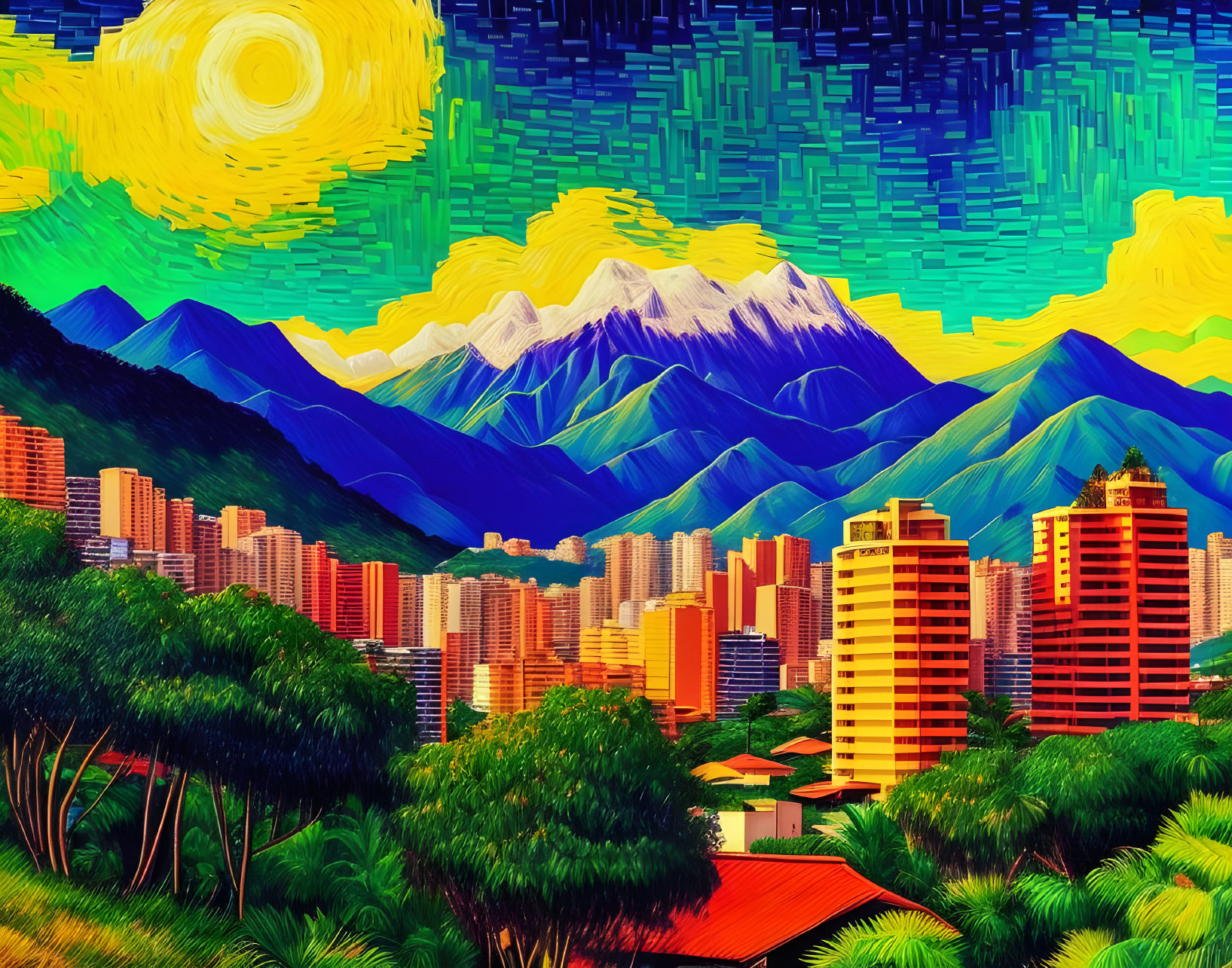 Colorful Cityscape: Van Gogh-Inspired Skies, Buildings, and Mountains