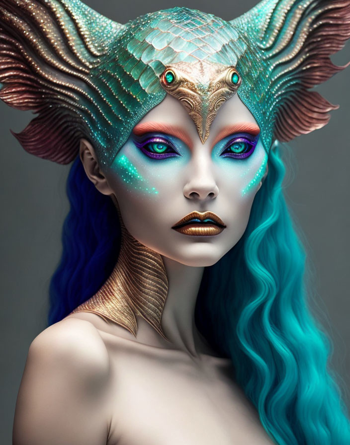 Detailed Fantasy Makeup with Horned Headpiece and Vibrant Hues