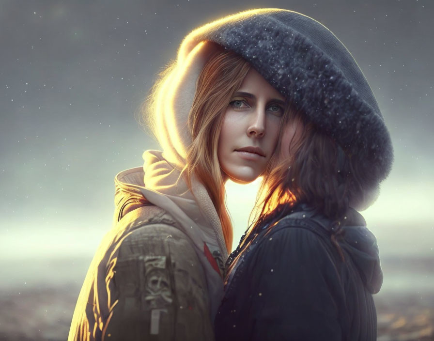 Blue-eyed woman in hooded coat gazes under warm sunset glow