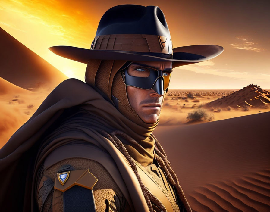 Stylized masked vigilante with wide-brimmed hat and cape in desert sunset.