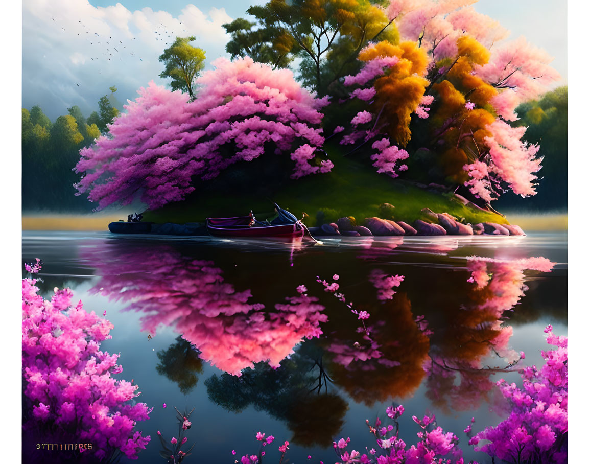 Tranquil lake scene with pink cherry blossoms, boat, and greenery