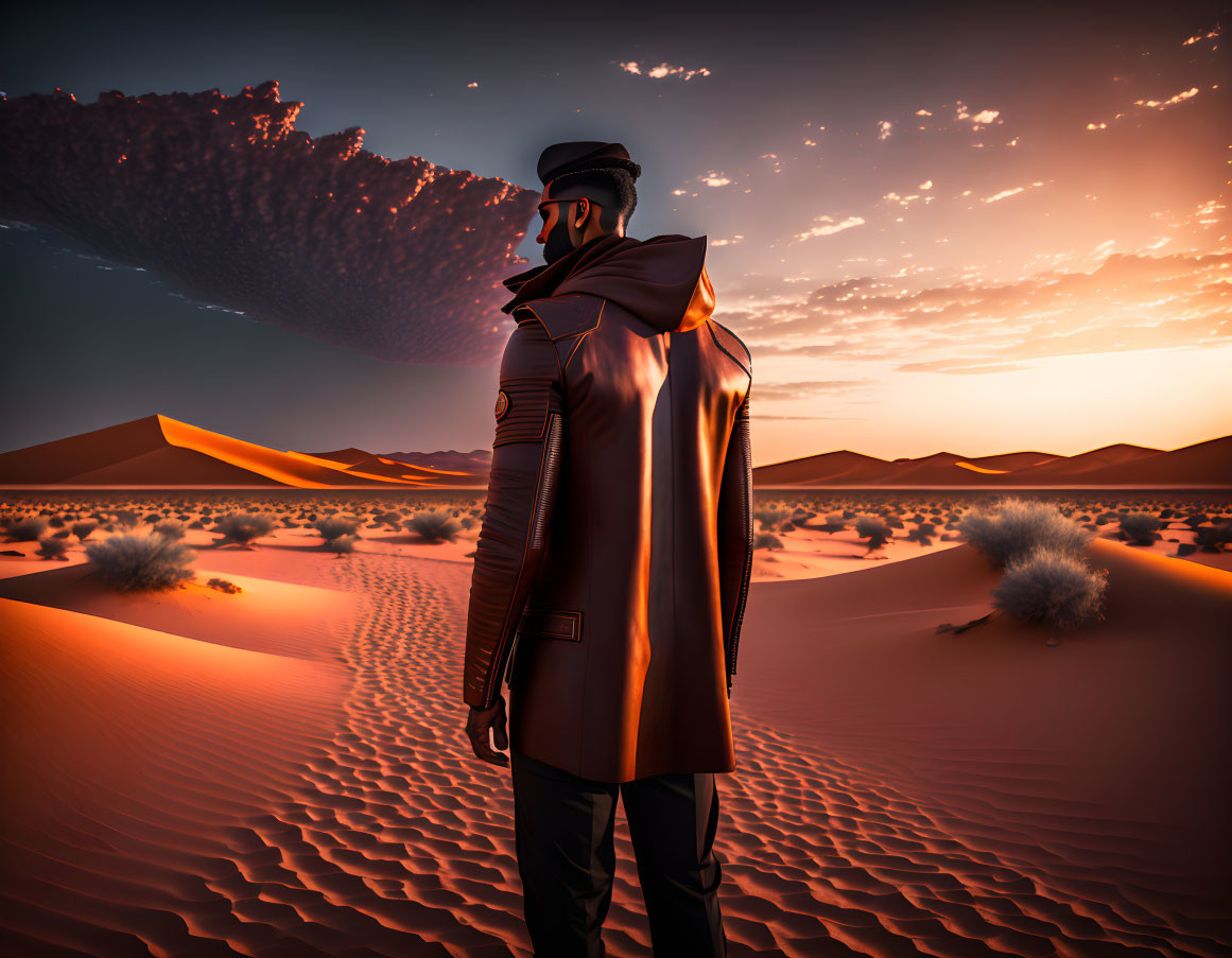 Person in long coat and hat gazes at sunset in desert landscape.