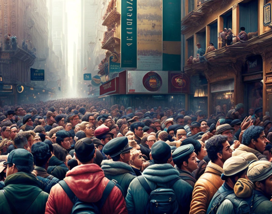 Busy City Street Scene with Winter-Clad Pedestrians and Skyscrapers