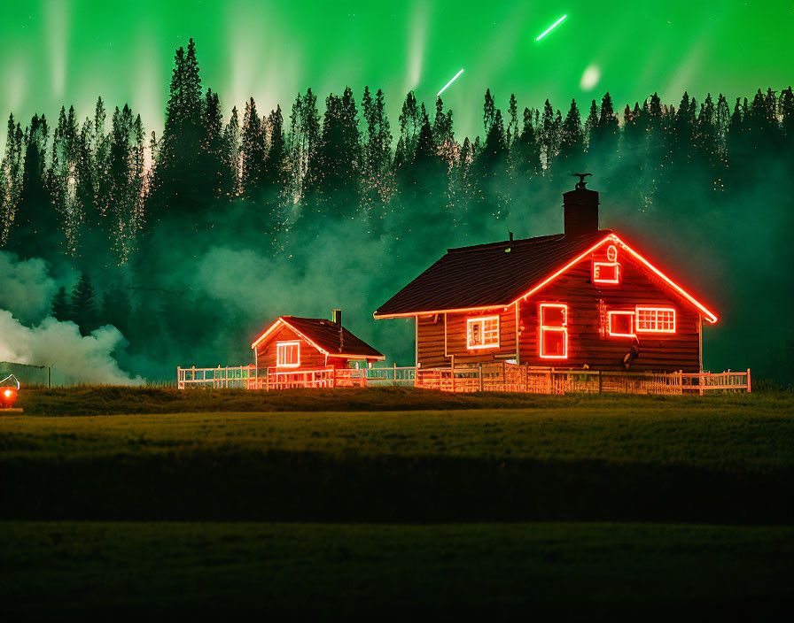 Rustic wooden cabin under northern lights in dark forest