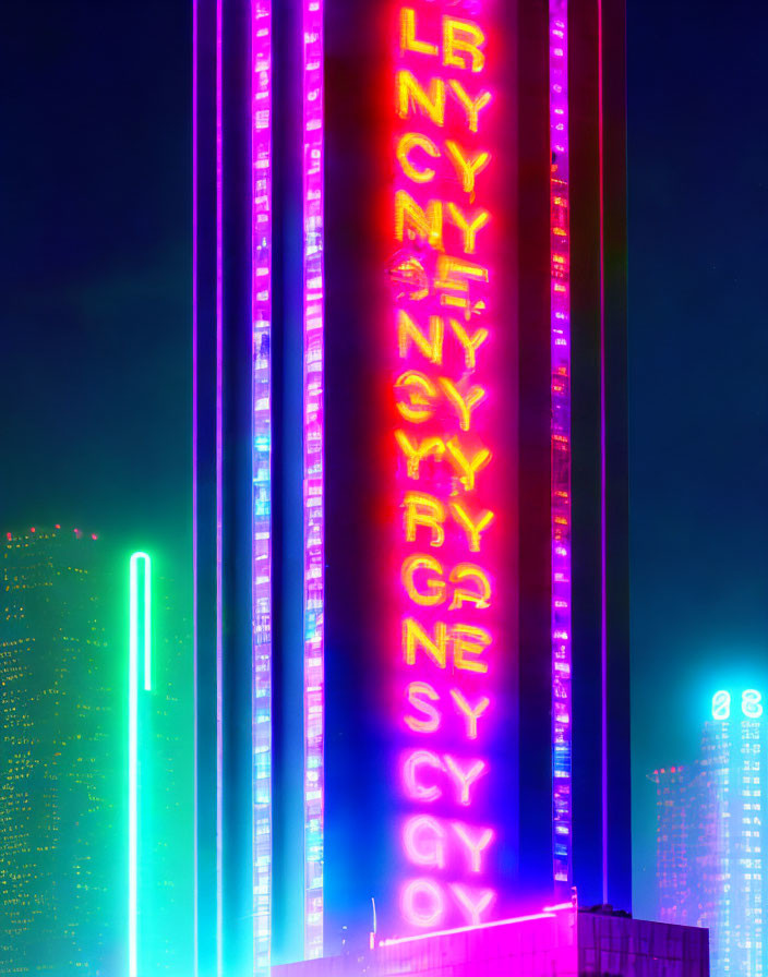 Colorful Neon-Lit Building with Vertical Illuminated Letters