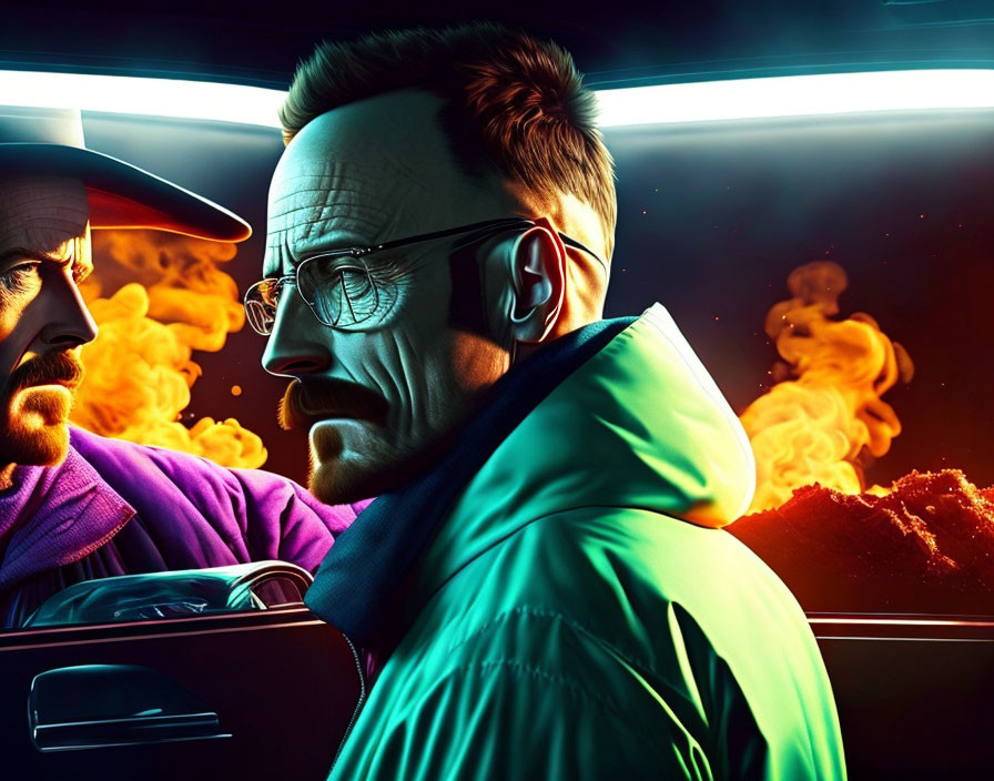 Two male animated characters in green jacket and glasses, facing a character in purple shirt with neon lighting and