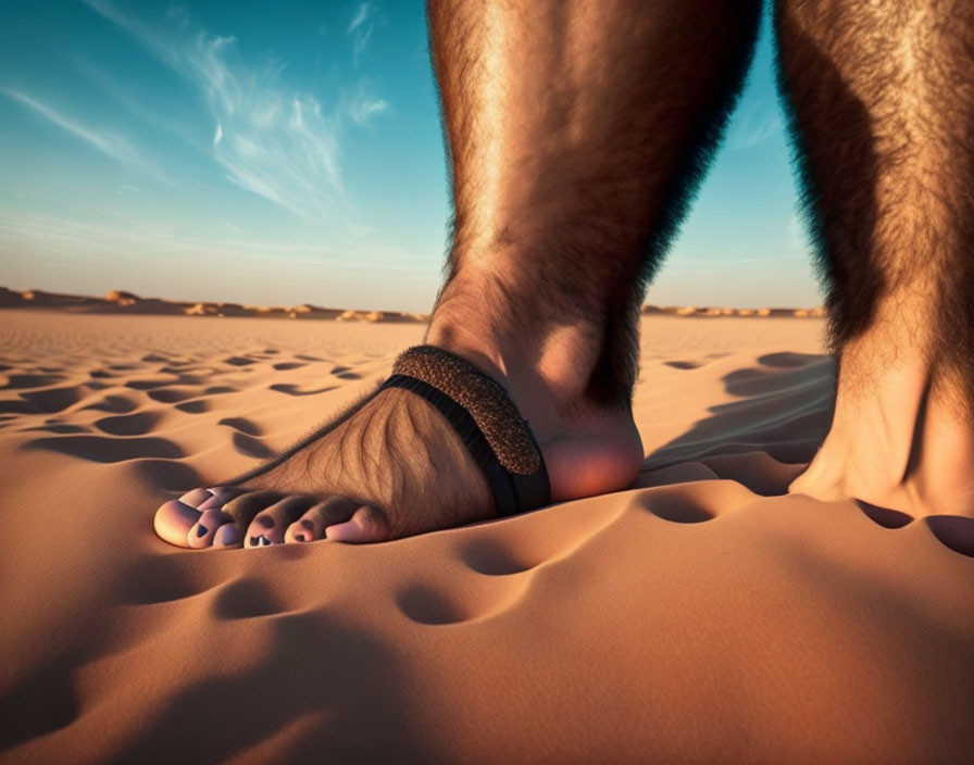 Person's Legs: One Foot in Flip-Flop, One Bare, Walking on Sandy Desert