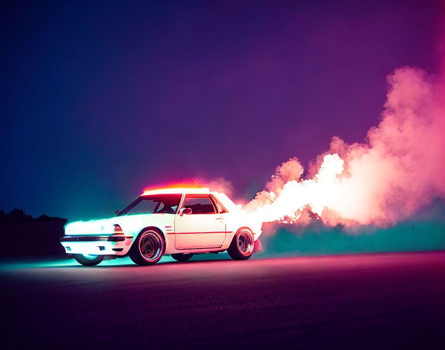 Vintage white car with neon underglow emits vibrant flames and colorful smoke at night