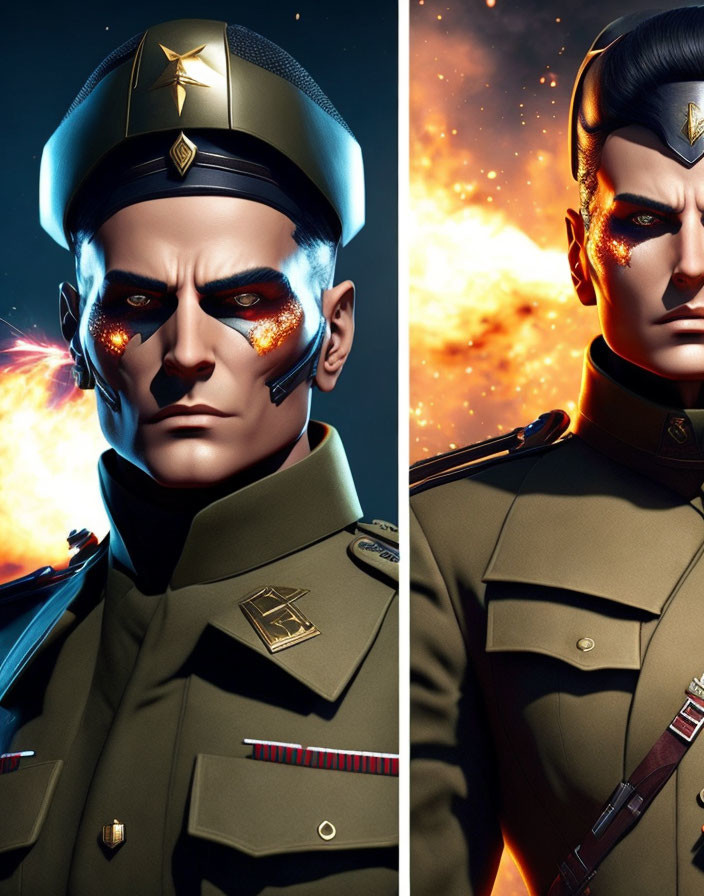 Stylized military officer with glowing red eyes and explosion background.