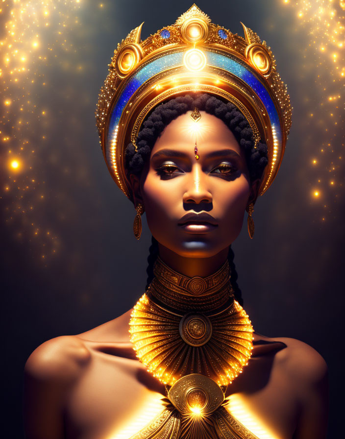 Woman with Golden Headdress and Jewelry in Elegant Setting