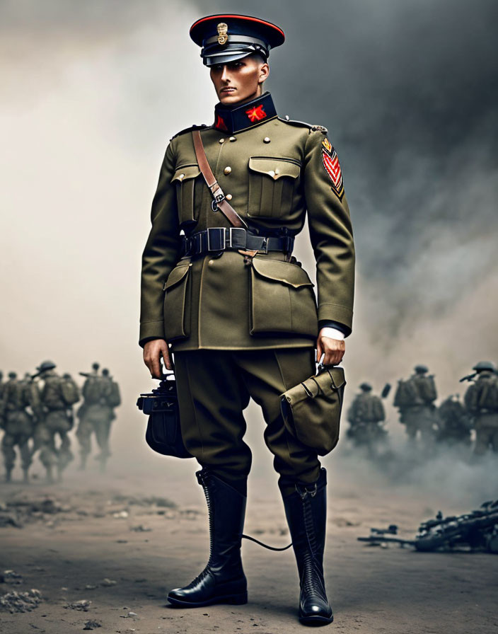 Detailed Military Uniform with Peaked Cap and Red Armband Against Soldiers Backdrop