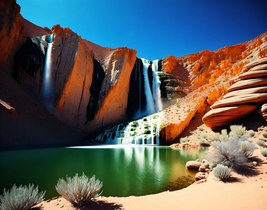 Desert waterfall oasis with emerald pool and steep cliffs