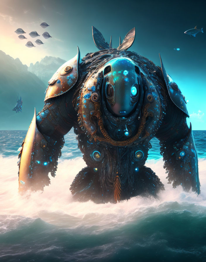 Mechanized sea turtle with glowing blue accents in ocean waves surrounded by marine life