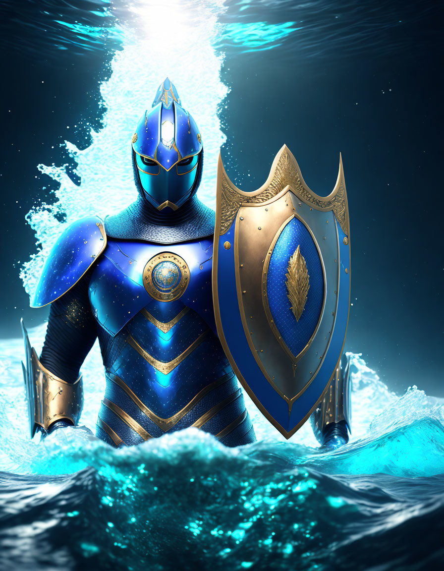 Blue-armored knight with shield in dramatic water backdrop