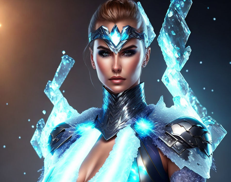 Digital Art: Woman in Ice Armor with Blue Crystals