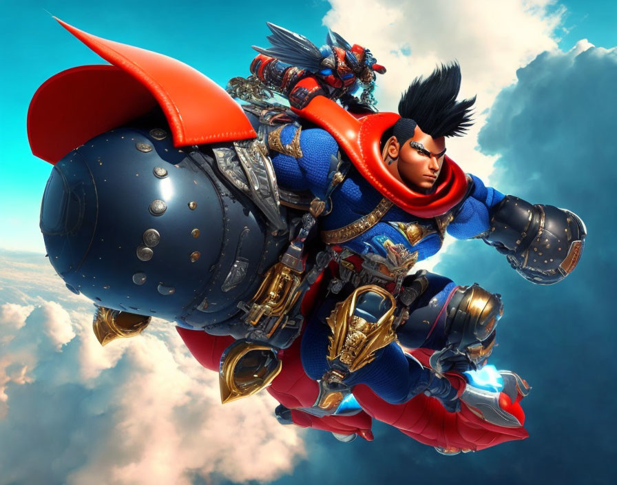 Stylized animated character with rocket-powered backpack in blue and gold armor flying in cloudy sky