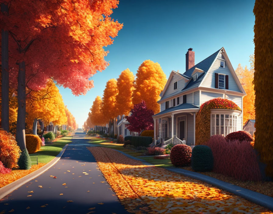 Vibrant autumn trees on suburban street with fallen leaves