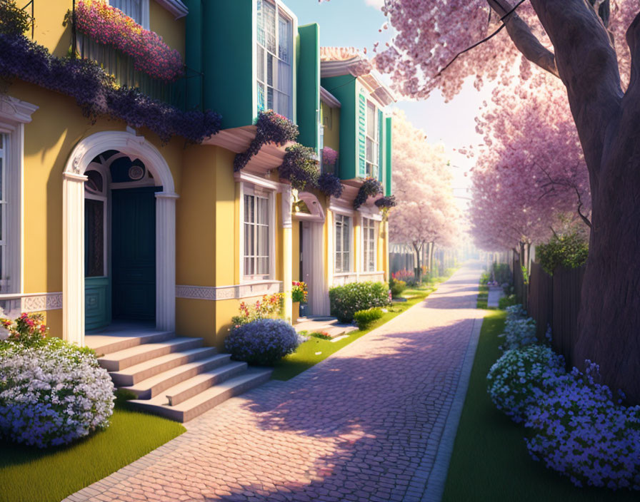 Vibrant street scene with charming houses and blooming flowers