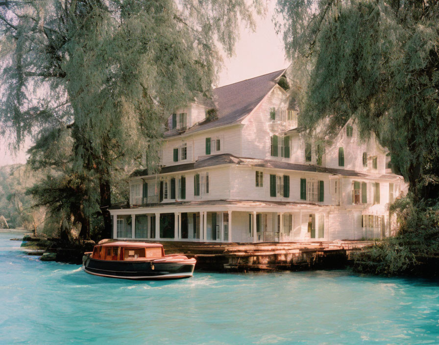 Spacious white wooden house by turquoise water with willow trees & wooden boat