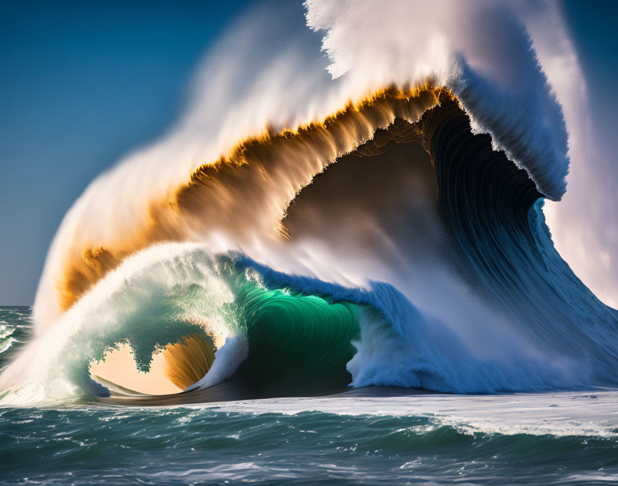 Dramatic backlit wave curling under clear sky