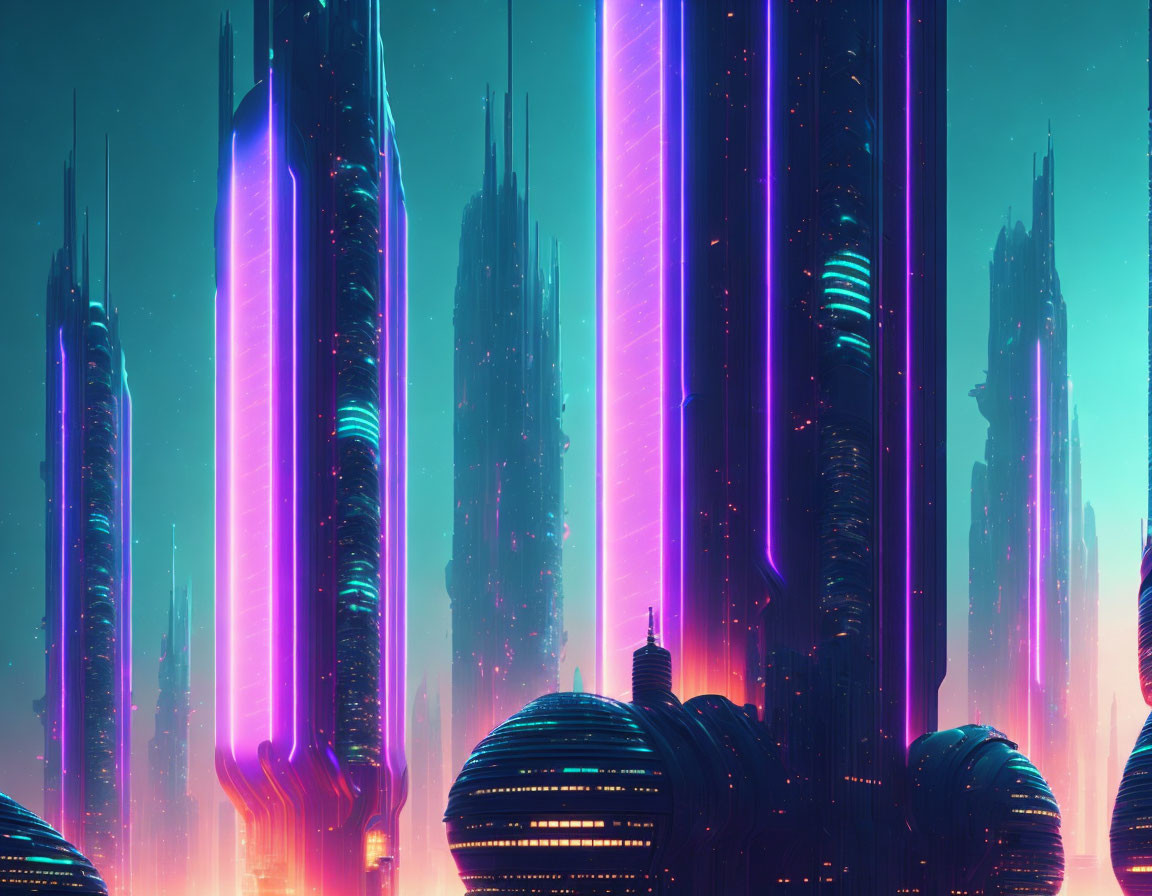 Nighttime futuristic cityscape with neon-lit skyscrapers and starlit sky