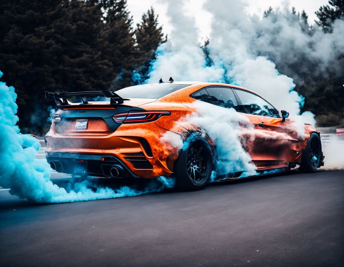 Orange sports car burnout with blue smoke against tree backdrop