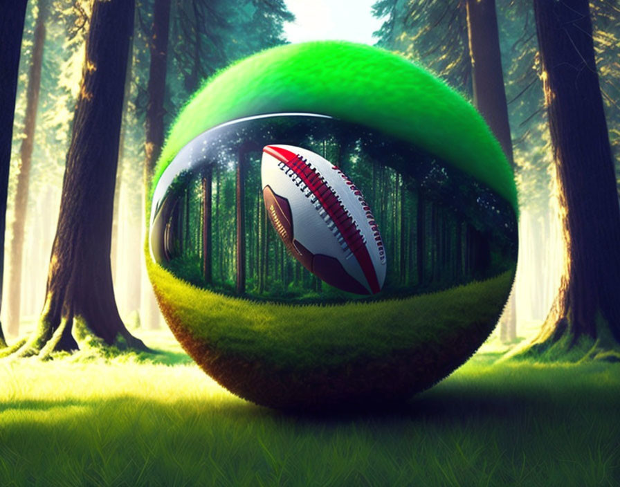 Surreal image: Tennis ball and football merge in forest scene