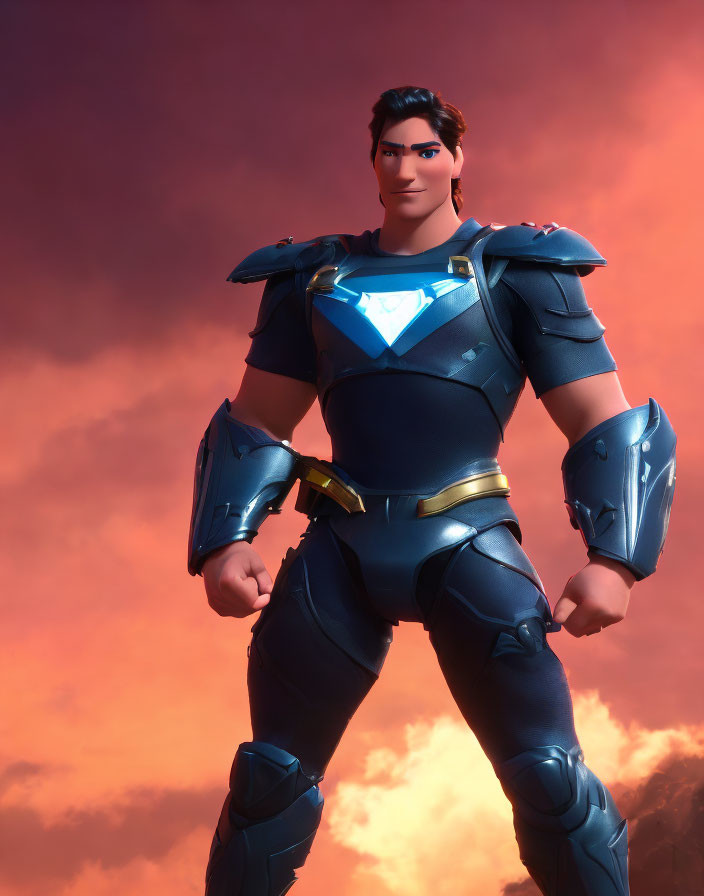 Confident animated superhero in blue suit against dusky sky